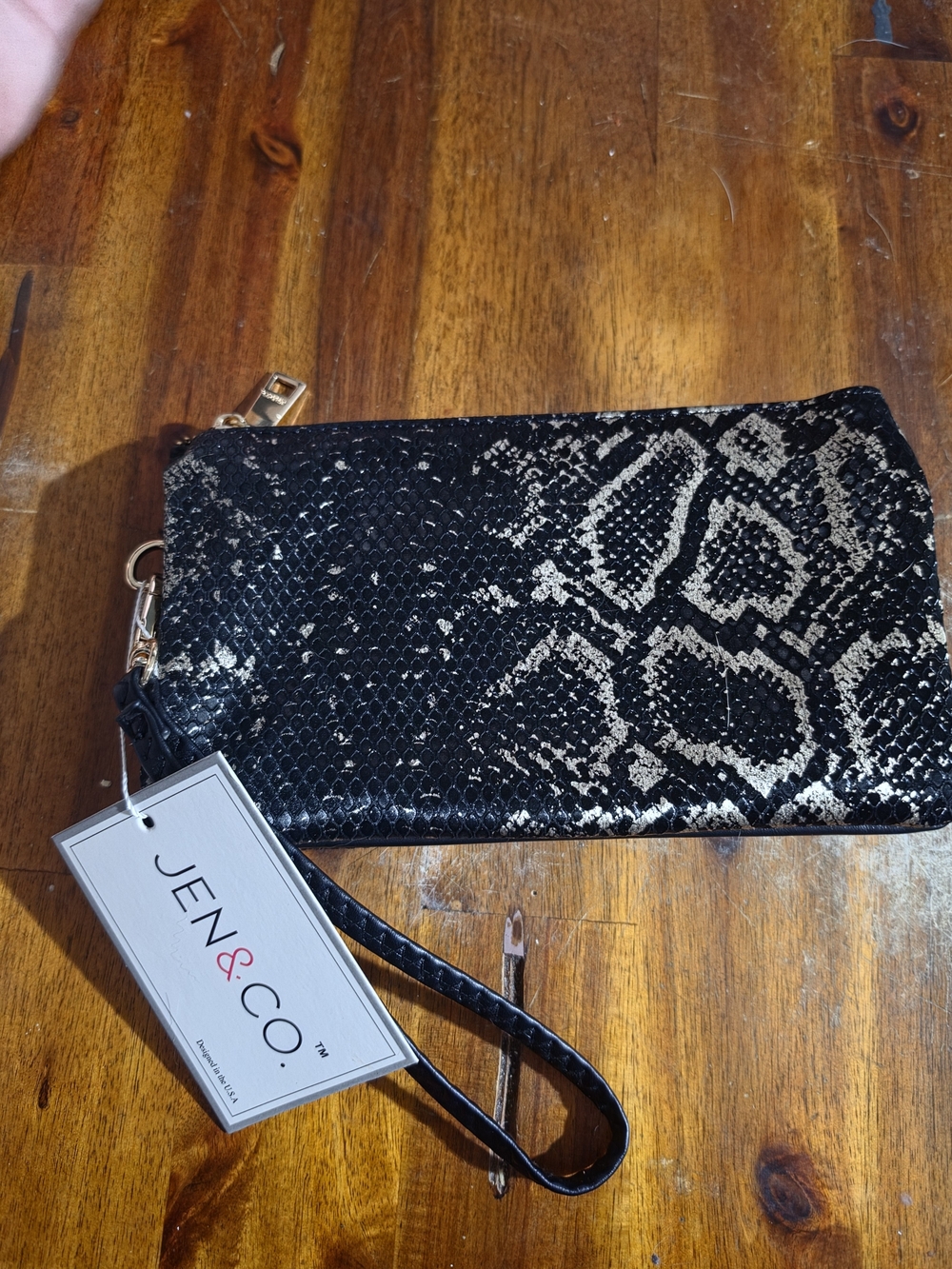Jen&Co Black Snake-Print Wristlet Clutch